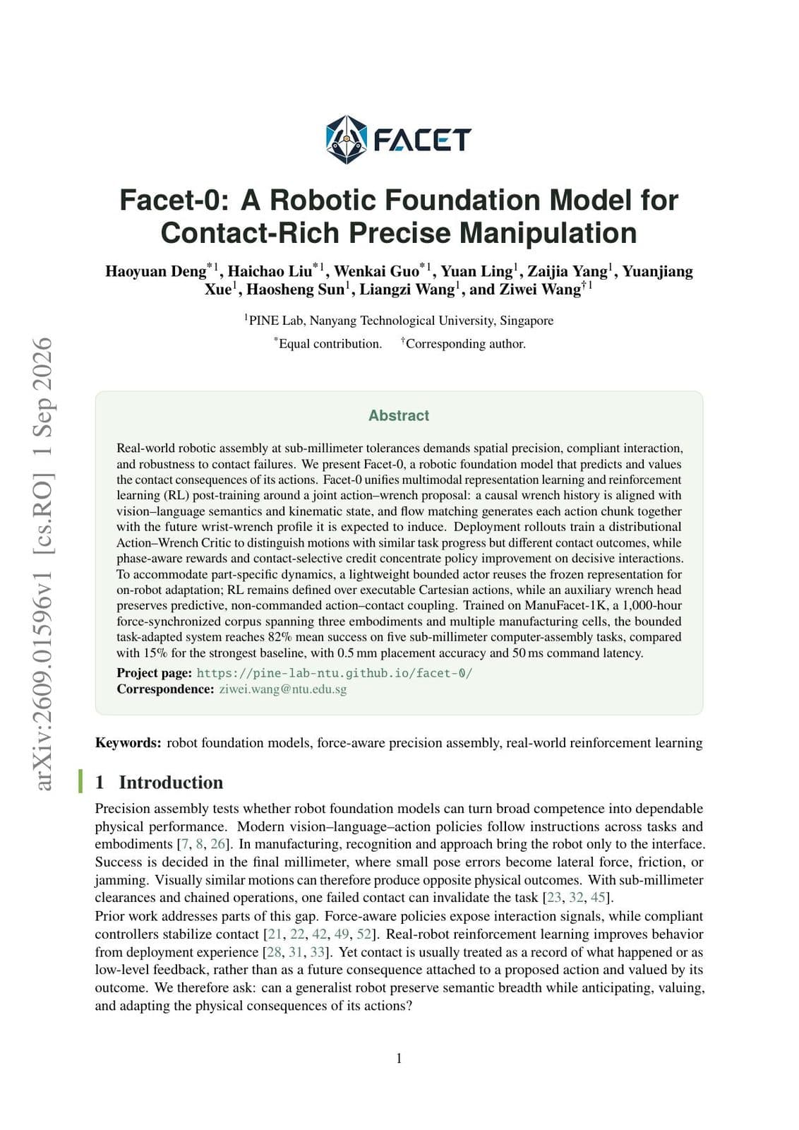 The first page of the arXiv preprint, titled Facet-0: A Robotic Foundation Model for Contact-Rich Precise Manipulation, showing the abstract and author list.