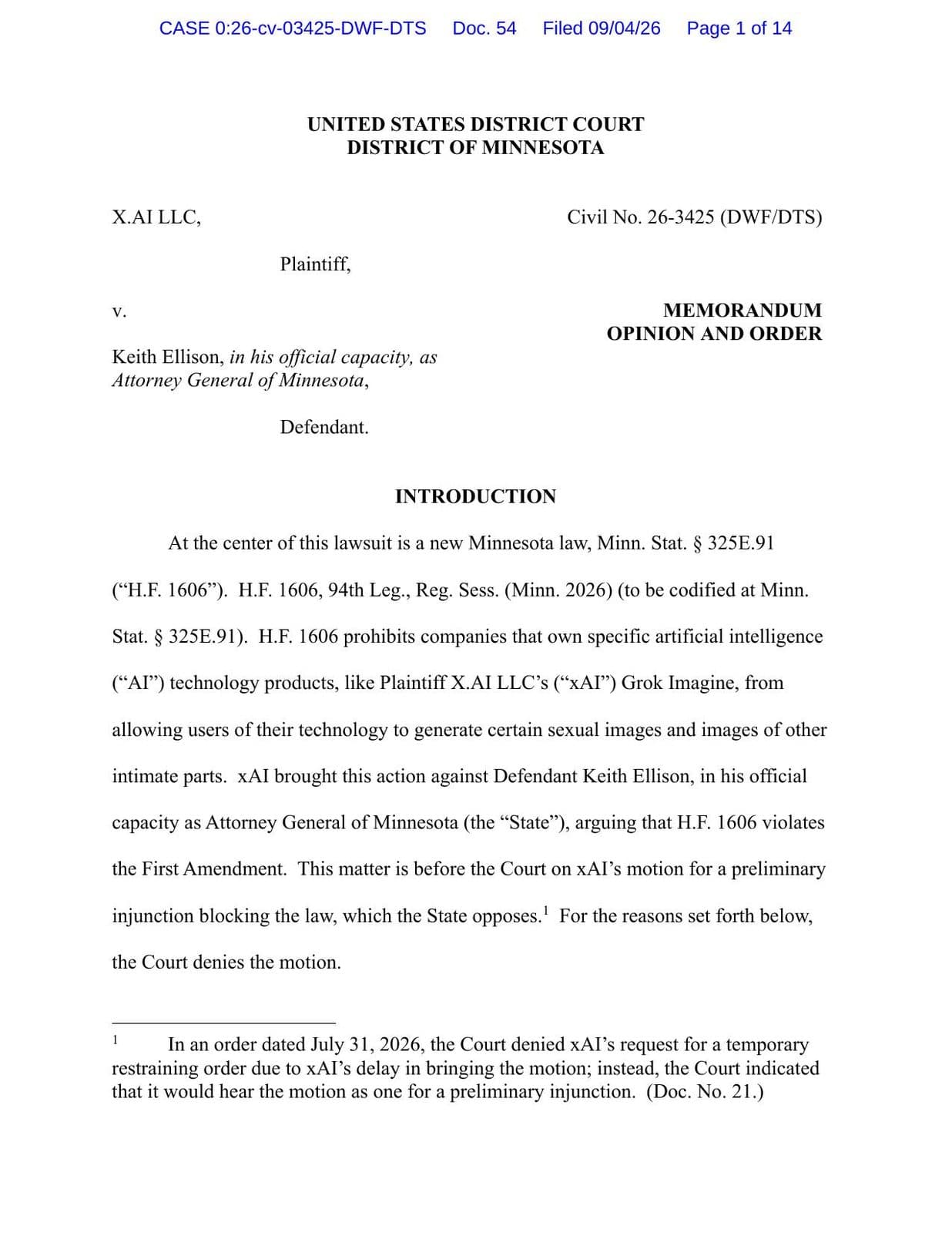 Première page de l’opinion et ordonnance du juge Frank dans X.AI LLC v. Ellison, district du Minnesota, tamponnée Filed 09/04/26