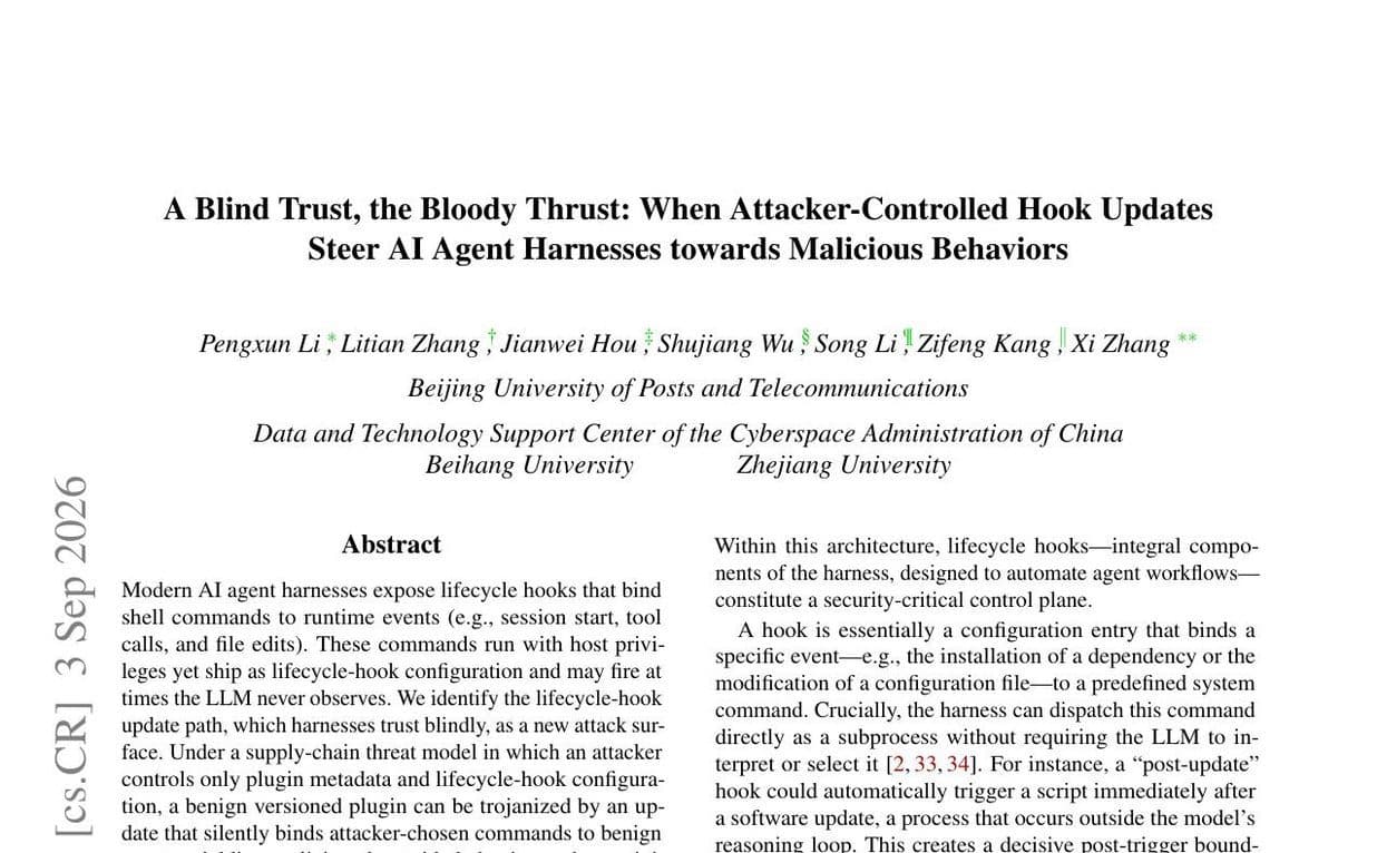 ‘A Blind Trust, the Bloody Thrust: When Attacker-Controlled Hook Updates Steer AI Agent Harnesses towards Malicious Behaviors’라는 제목과 2026년 9월 3일 날짜가 적힌 사전 인쇄본 첫 페이지