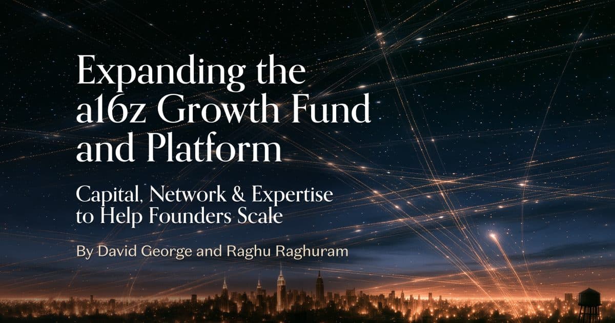 Andreessen Horowitz announcement card reading 'Expanding the a16z Growth Fund and Platform', by David George and Raghu Raghuram, over a night skyline