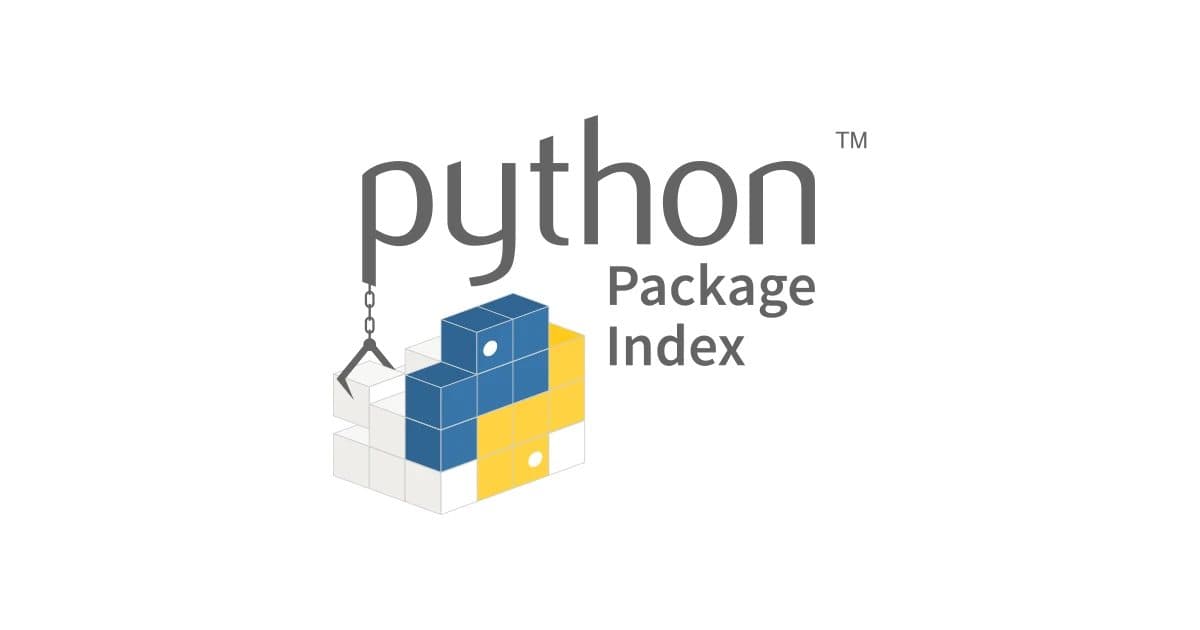 O logotipo do Python Package Index: a palavra 'Python' acima de 'Package Index', com os blocos azul e amarelo da cobra do Python pendurados em um cabo.