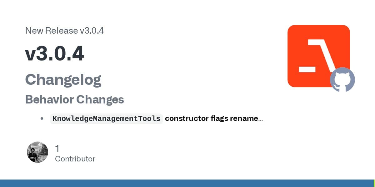 Scheda della pagina release GitHub per Agno v3.0.4 con intestazione Changelog e un punto Behavior Changes sulla rinomina dei flag del costruttore KnowledgeManagementTools