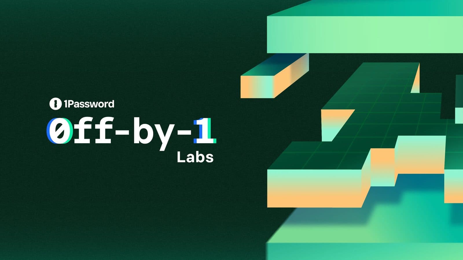 A green isometric graphic reading "0ff-by-1 Labs", the research group's mark alongside the 1Password logo