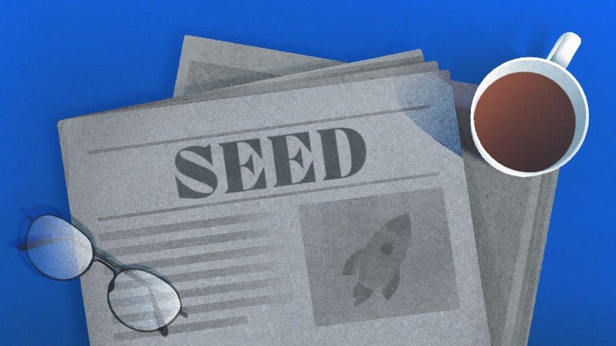 Une illustration sur fond bleu d’un journal plié avec le titre « SEED », une tasse de café et une paire de lunettes de lecture à côté.