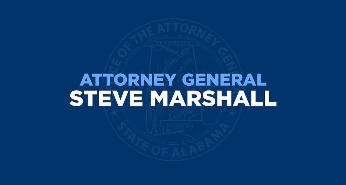 Gráfico com o selo do Estado do Alabama e as palavras “Attorney General Steve Marshall”.