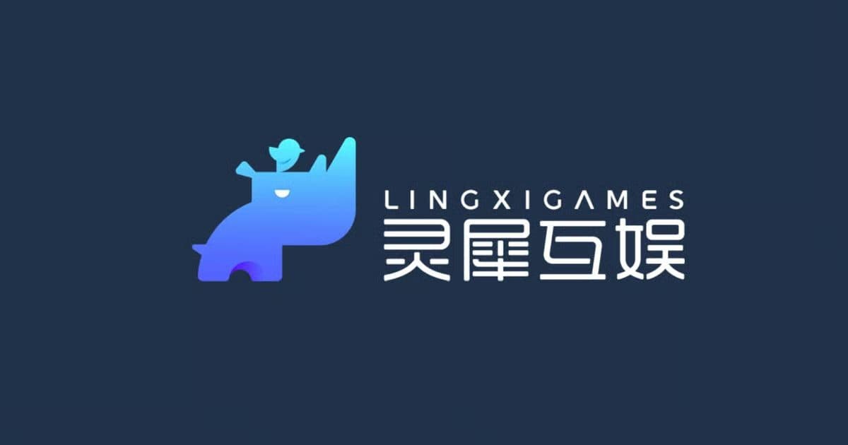 شعار Lingxi Games: وحيد قرن أزرق بأسلوب تجريدي إلى جانب اسم الاستوديو بالإنجليزية والصينية، على خلفية زرقاء داكنة.