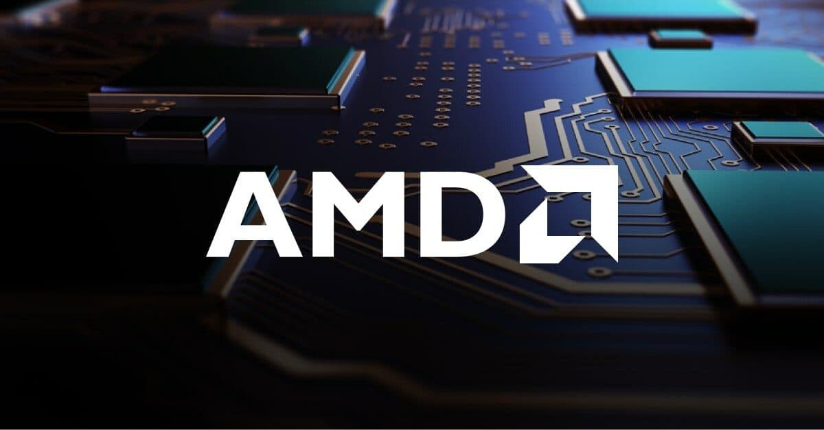 شعار AMD فوق لوحة دوائر كهربائية بأسلوب تجريدي.