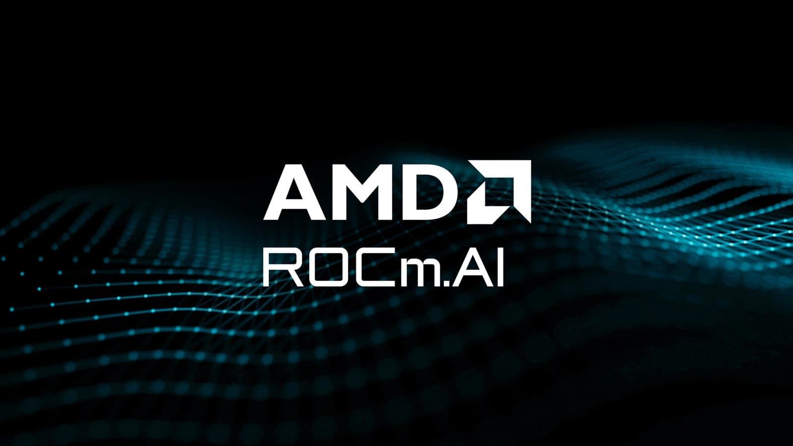 Cartão da marca AMD mostrando o logotipo com seta da AMD acima das palavras 'ROCm.AI' em um fundo azul-escuro ondulado