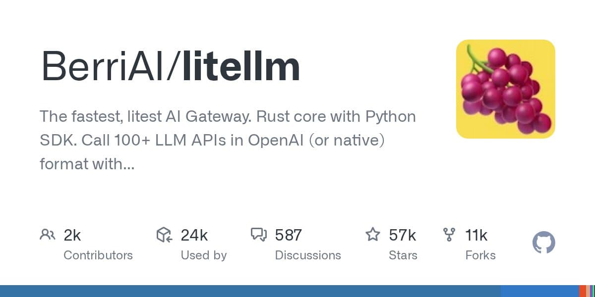 Cartão do repositório GitHub de BerriAI/litellm mostrando a descrição do projeto e as contagens de contribuidores, estrelas e forks