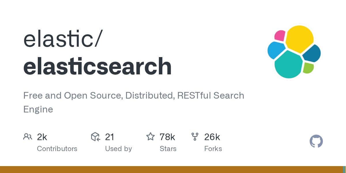 La scheda repository GitHub di elastic/elasticsearch, descritta come un motore di ricerca RESTful distribuito free and open source, con il logo Elastic.