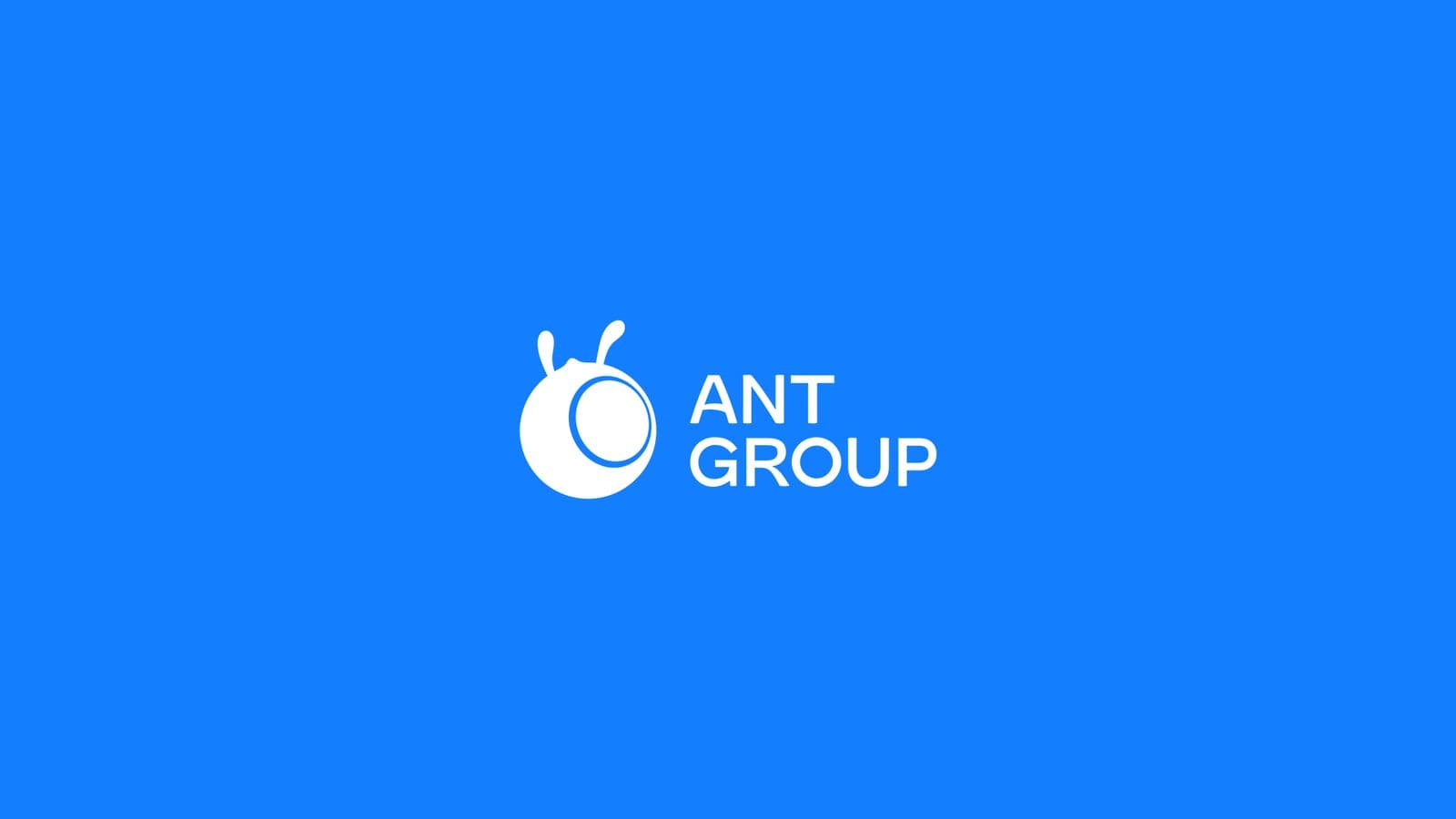 The Ant Group logo and wordmark in white on a flat blue background