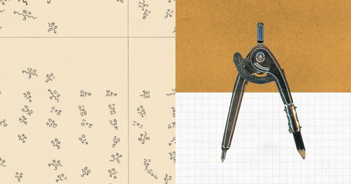 Anthropic's research illustration: a field of small scattered marks on cream paper beside a drawing compass resting on graph paper.