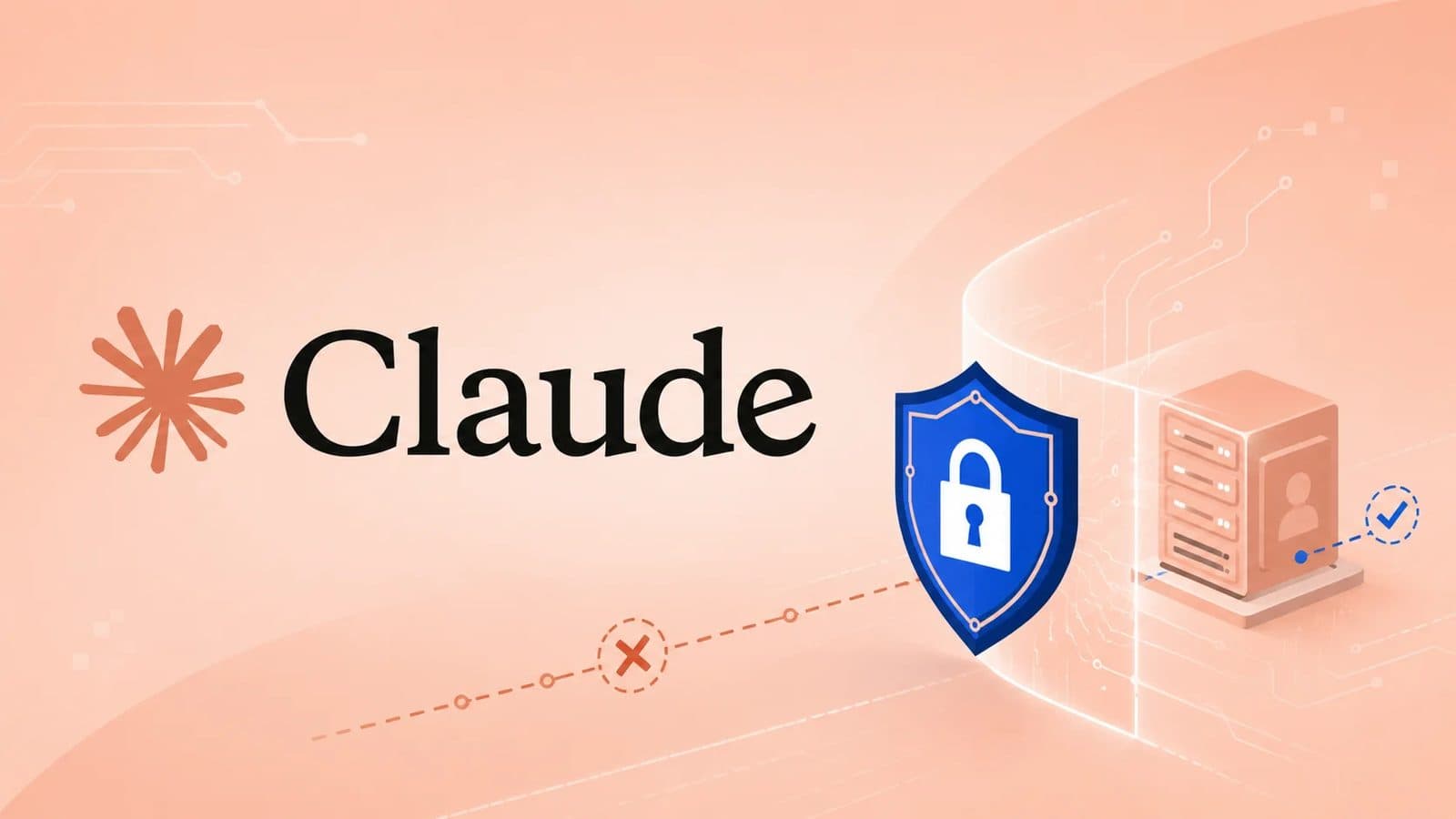 Illustration on a peach background showing the Claude wordmark beside a padlock shield and a server rack, from Anthropic's security coverage