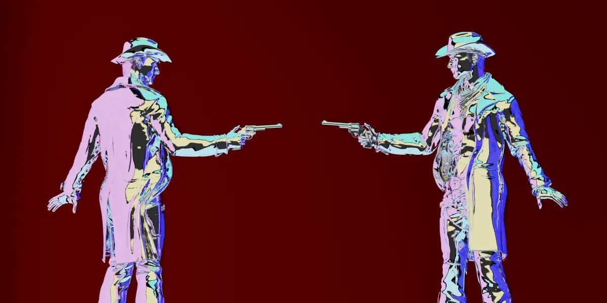Un'illustrazione stilizzata di due figure delineate al neon con cappelli a tesa larga che si fronteggiano e si puntano una pistola, su uno sfondo rosso intenso.