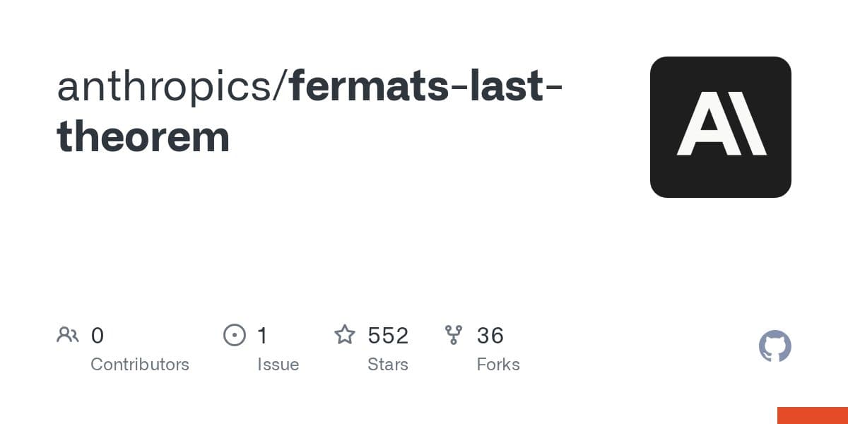 بطاقة مستودع GitHub لـ anthropics/fermats-last-theorem تُظهر 552 نجمة و36 شوكة ومشكلة واحدة وشعار Anthropic