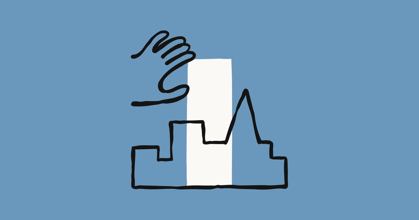 Anthropic's illustrated announcement card: a simple line drawing of a hand reaching over a white city skyline on a blue-grey ground.
