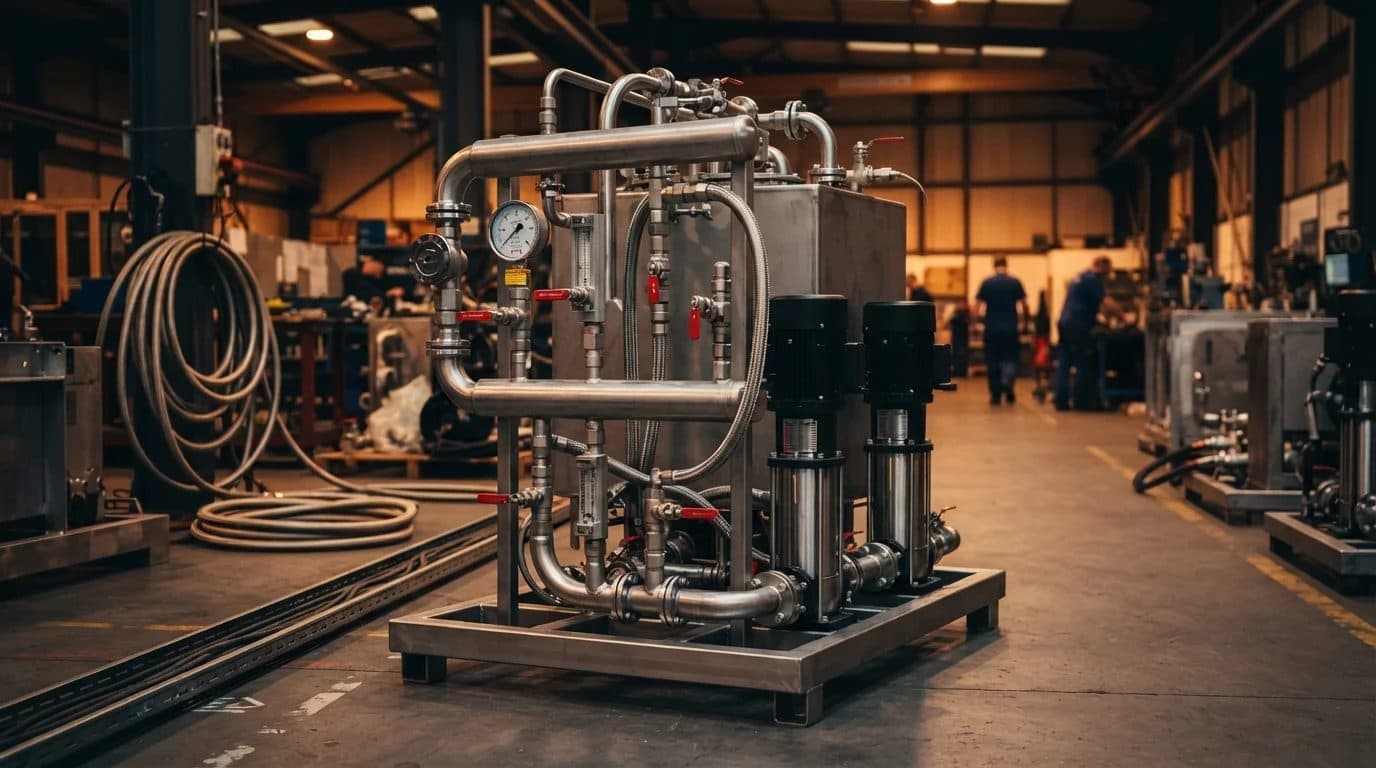 Industrial heat-exchanger and pump equipment with pressure gauges and coiled hose on a factory floor