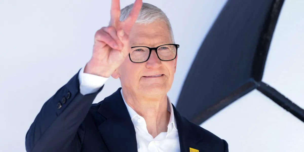 El consejero delegado de Apple, Tim Cook, levantando la mano a los asistentes fuera de un evento de Apple.