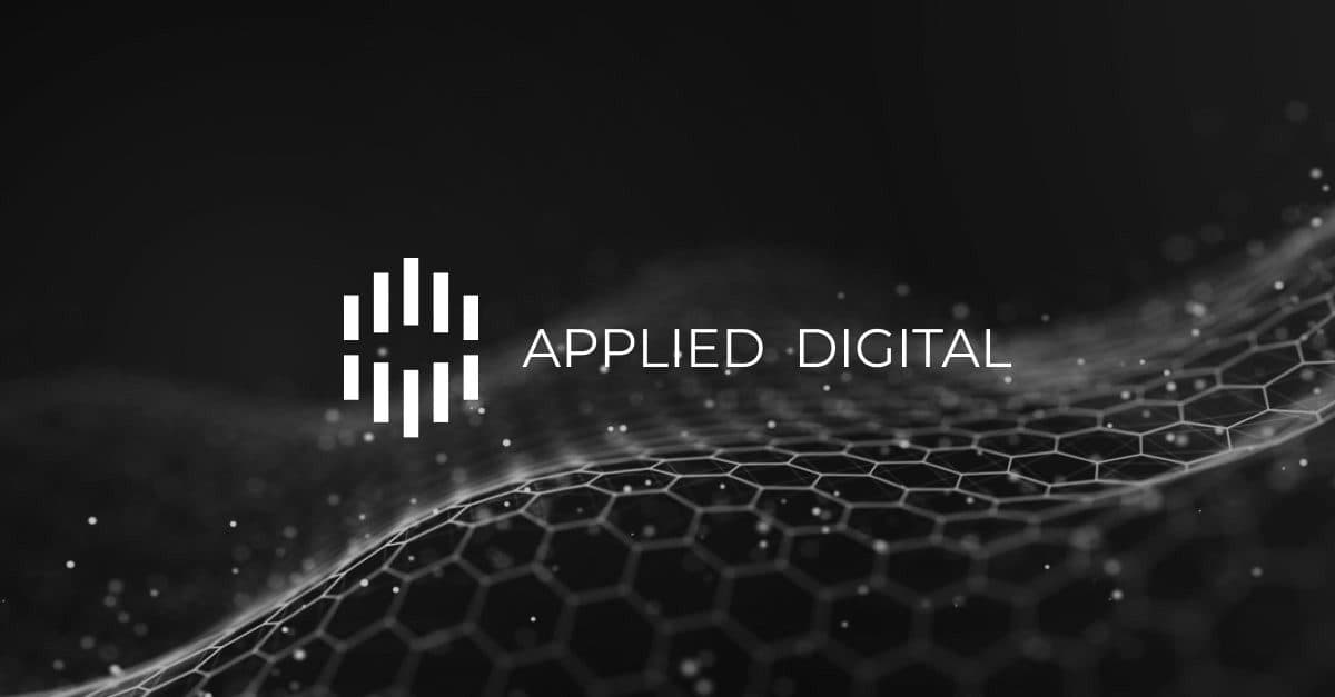 The Applied Digital wordmark and hexagon mark on a dark corporate card, set against a faint mesh graphic