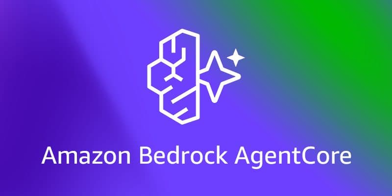 Um cartão de título com degradê do roxo ao verde dizendo "Amazon Bedrock AgentCore"