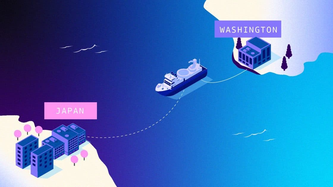 Illustrazione isometrica di una nave posacavi tra un punto di approdo in Giappone e uno nello stato di Washington, con blocchi di data center a entrambe le estremità.