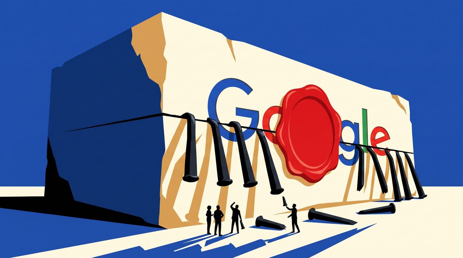 Illustration éditoriale du logo Google sur un bloc pâle maintenu au sol par des piquets et fermé par un sceau de cire rouge, avec de petites silhouettes devant.