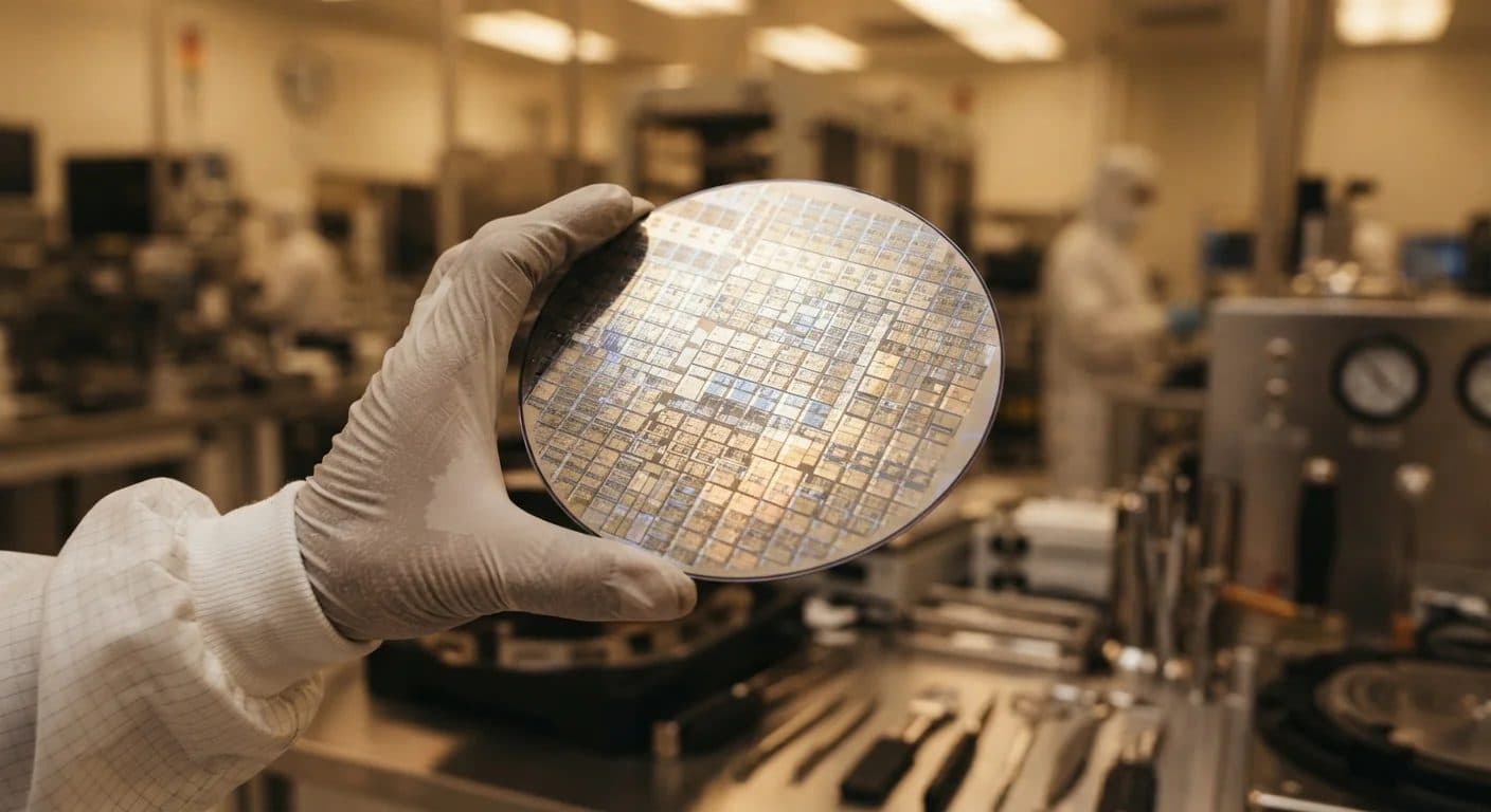 Illustration of a gloved hand holding a patterned silicon wafer in a cleanroom; a synthetic stock image, not a photograph of a Broadcom facility.