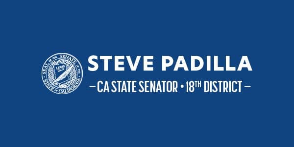 Official banner of California State Senator Steve Padilla, 18th District, with the State Senate seal on a blue background