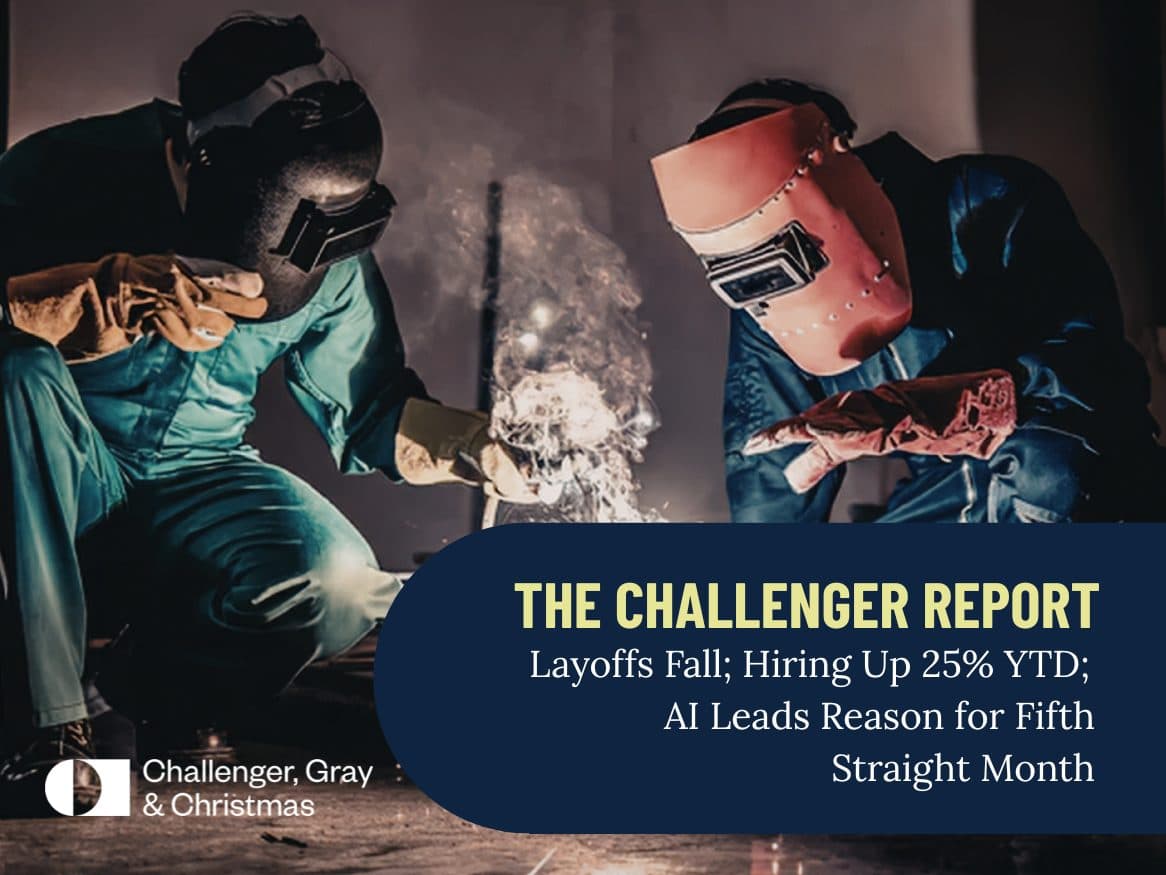 The Challenger Report cover over a photograph of two welders, headlined "Layoffs Fall; Hiring Up 25% YTD; AI Leads Reason for Fifth Straight Month"