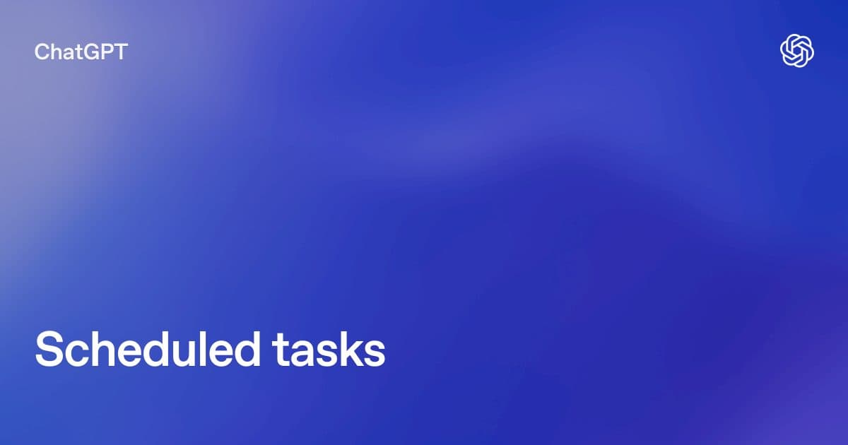 Um cartão de documentação do ChatGPT com a leitura 'Scheduled tasks' sobre um fundo em gradiente azul e roxo