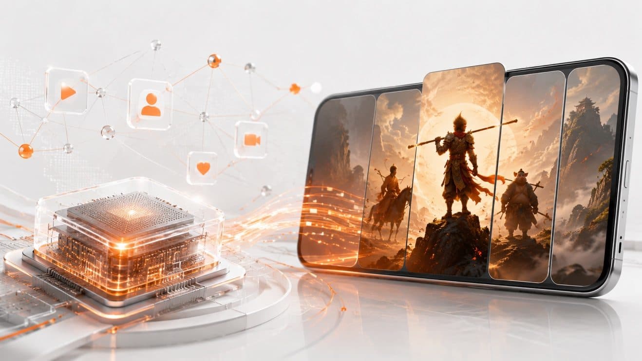 Ilustração composta gerada digitalmente de um processador brilhante ao lado de um smartphone exibindo personagens de jogo, usada como arte de banco para uma reportagem sobre o mercado de IA na China