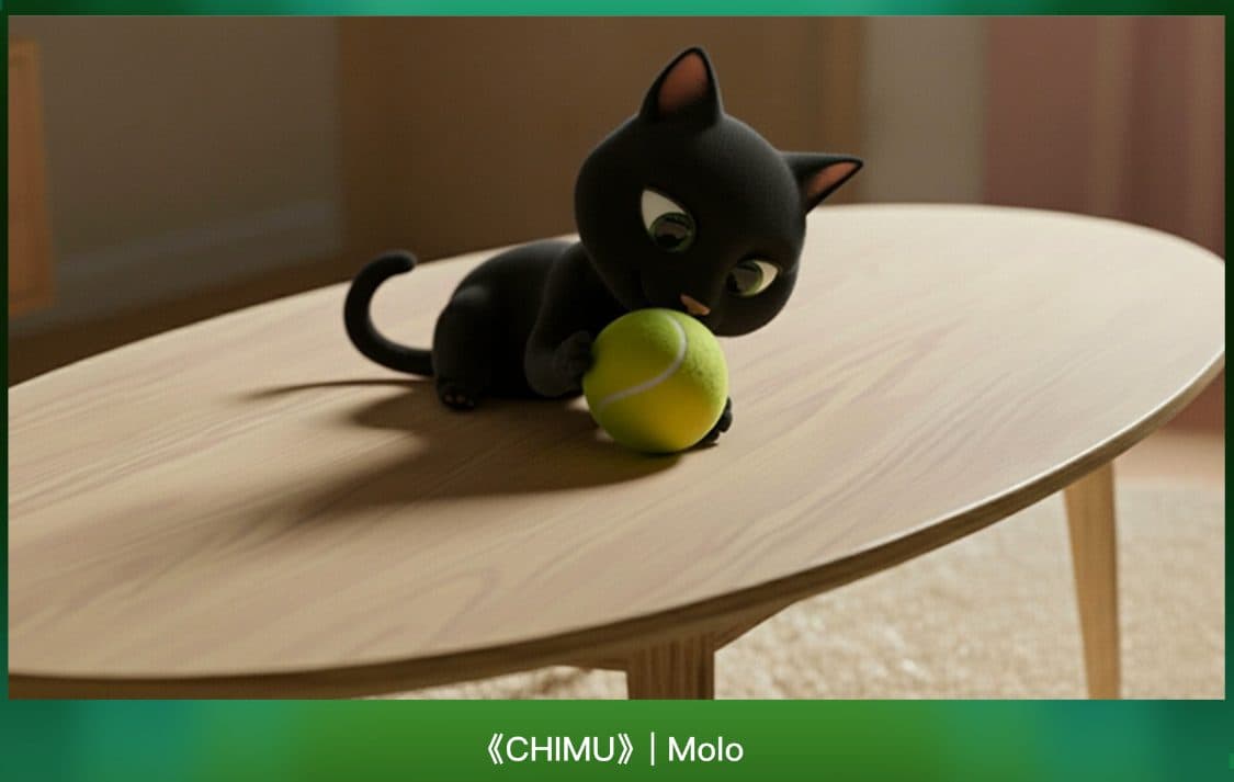 A still from a Kling-generated video: a black cartoon cat crouching on a wooden table beside a tennis ball