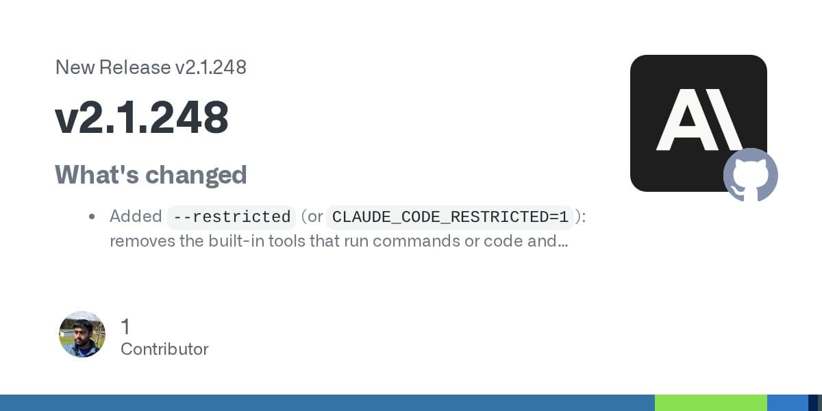Cartão de release do GitHub para Claude Code v2.1.248, mostrando a entrada do changelog que adiciona a flag --restricted