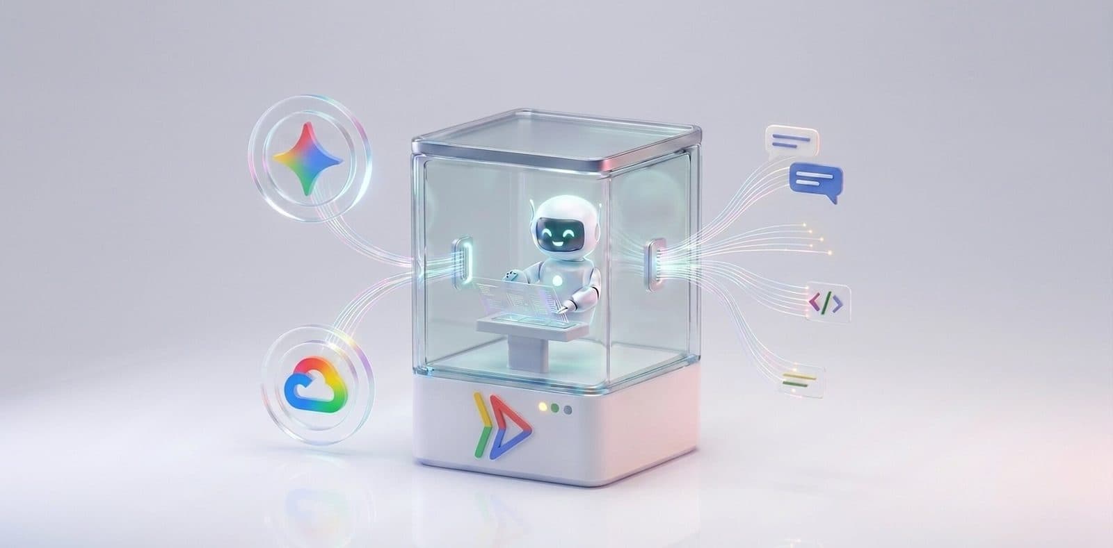 Ilustração da Google Cloud de um pequeno robô dentro de uma caixa transparente conectada a painéis de chat e código, com as marcas Google Cloud e Gemini