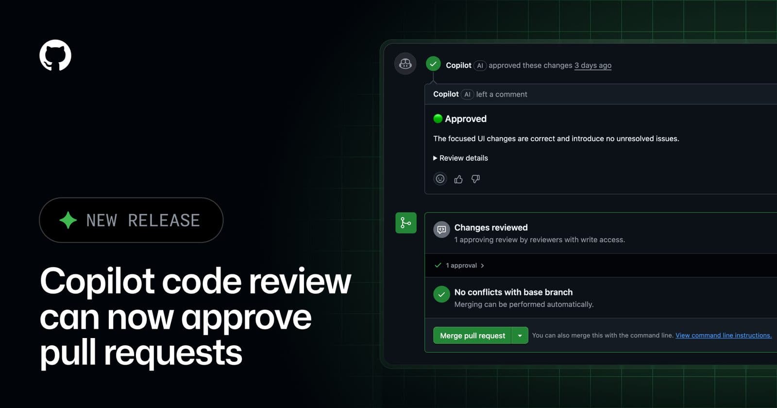 Grafica del changelog di GitHub con la scritta Copilot code review can now approve pull requests, accanto a uno screenshot di una pull request con una revisione Copilot approvata.