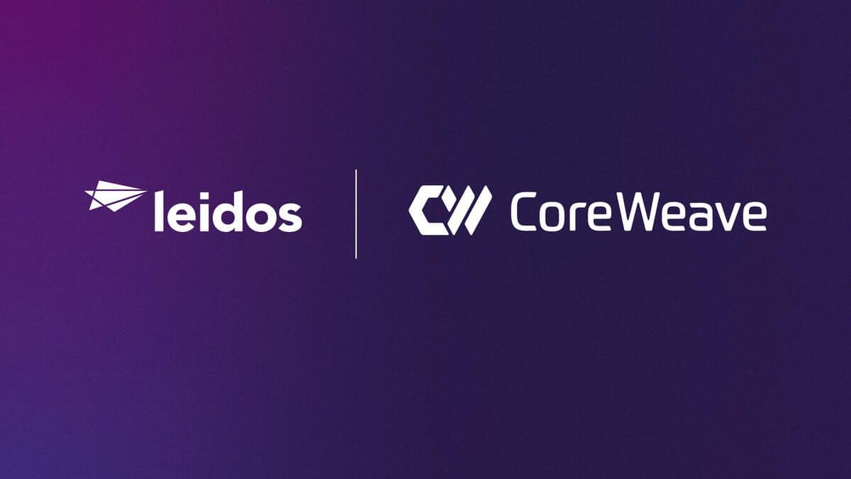 A co-branded graphic on a purple background showing the Leidos and CoreWeave logos side by side.