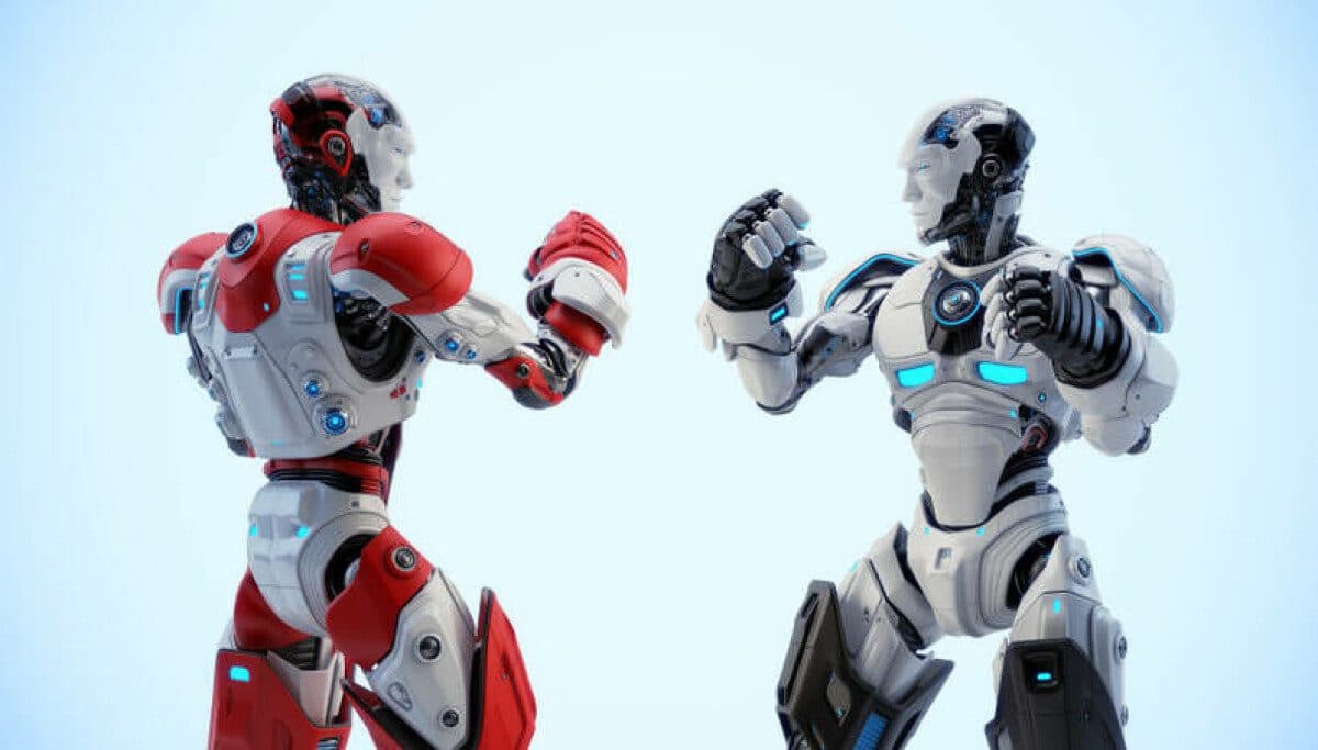 Un’illustrazione di due robot umanoidi, uno rosso e uno nero, in posa da boxe.