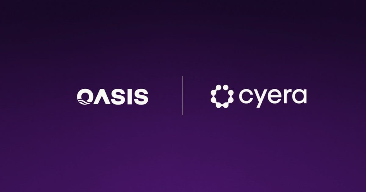 A co-branded announcement card on a purple gradient, pairing the Oasis wordmark and the Cyera wordmark either side of a dividing rule