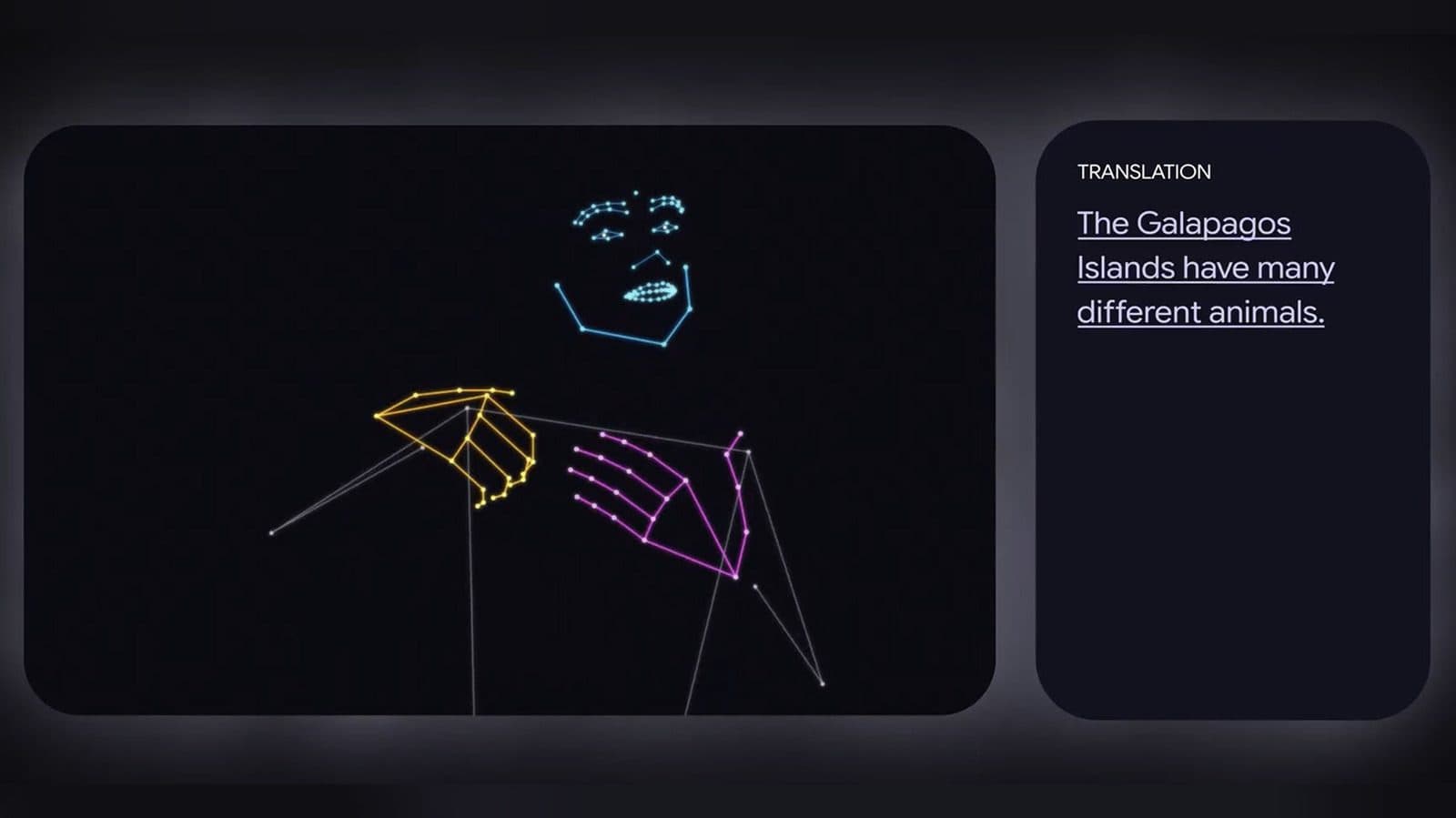 لوحة واجهة داكنة تُظهر شخصًا يوقّع ممثلًا بخطوط تتبع الوضعية الملوّنة فوق الجسم واليدين، إلى جانب مربع ترجمة يقرأ The Galapagos Islands have many different animals.