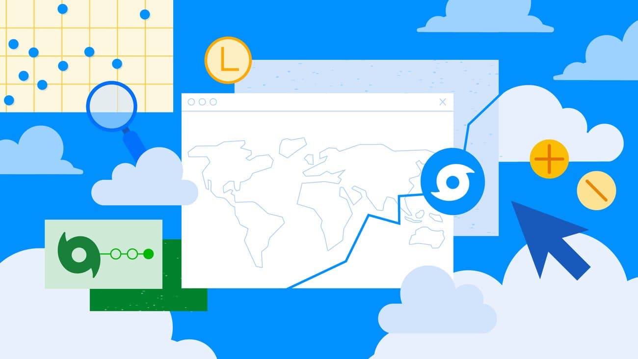 Un'illustrazione piatta di una finestra del browser su una mappa del mondo, circondata da icone di meteo, orologio e cursore