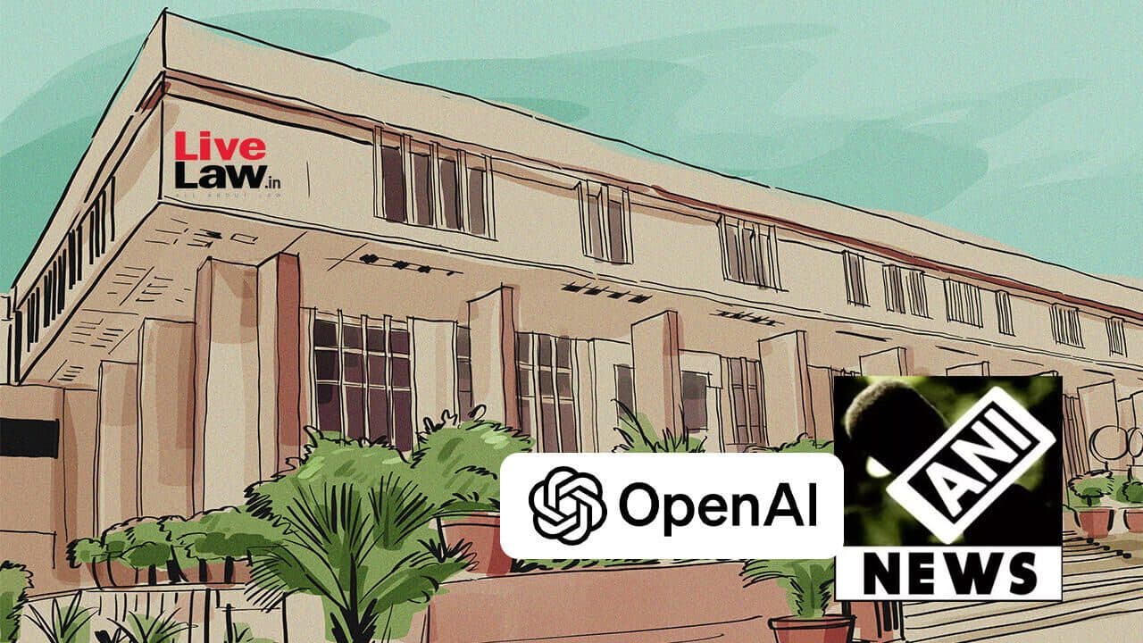 Illustrazione dell'edificio dell'Alta Corte di Delhi con i loghi di OpenAI e ANI News sovrapposti