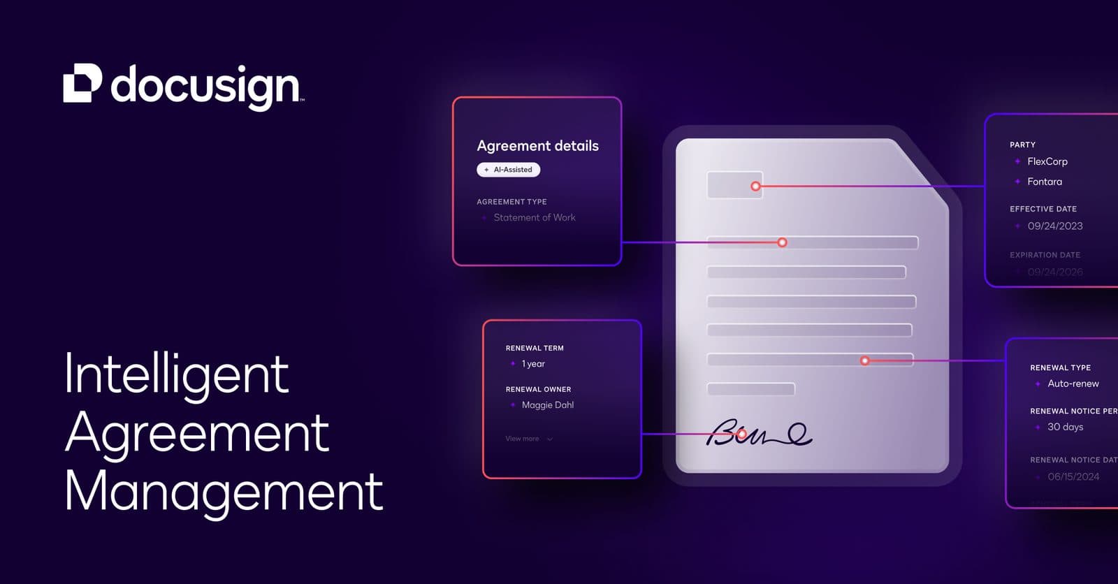 어두운 보라색 배경의 Docusign 제품 카드와 'Intelligent Agreement Management' 문구, 옆의 모의 계약 인터페이스