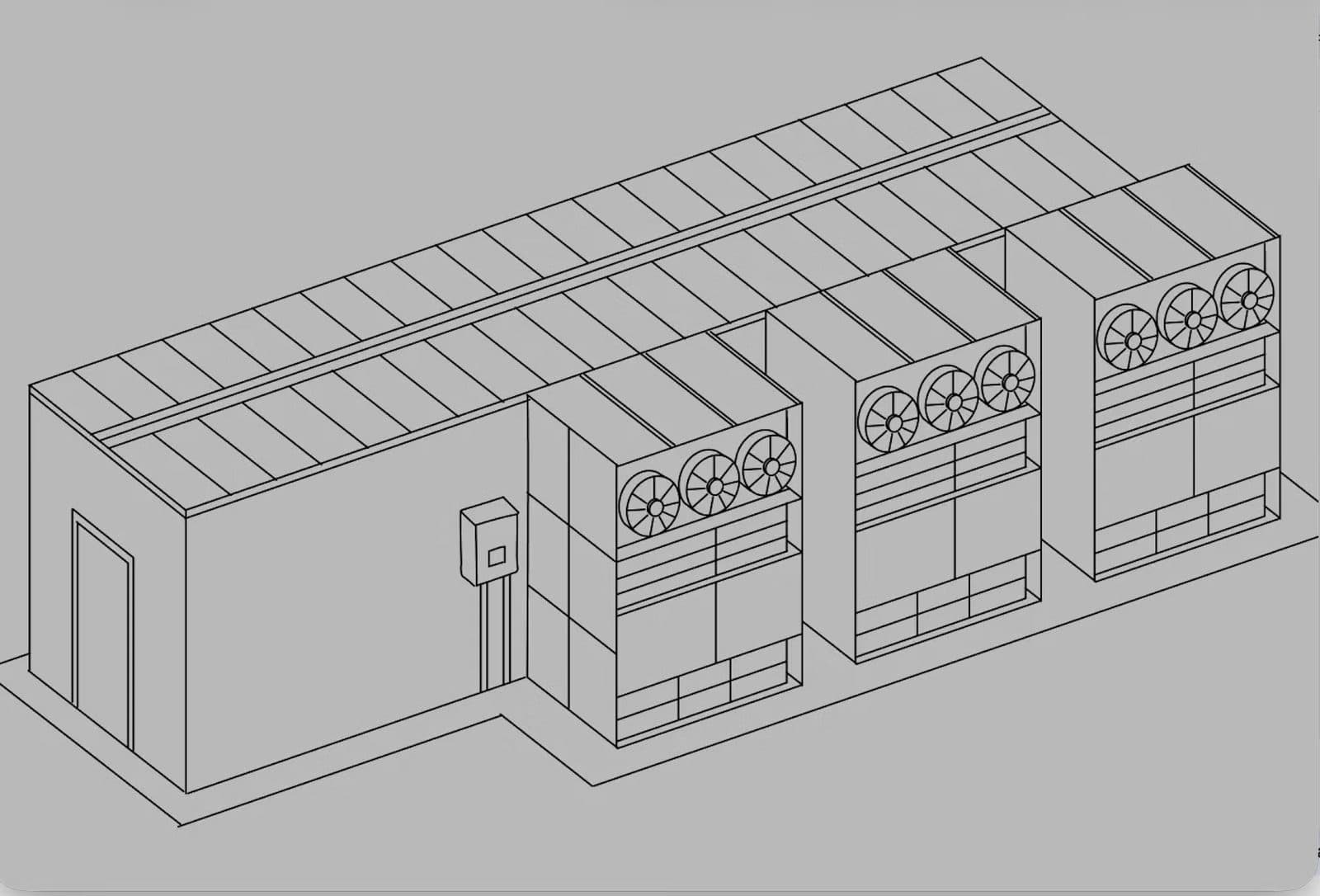 A grey line rendering of a row of modular data-centre units on a flat site, drawn without colour or background detail
