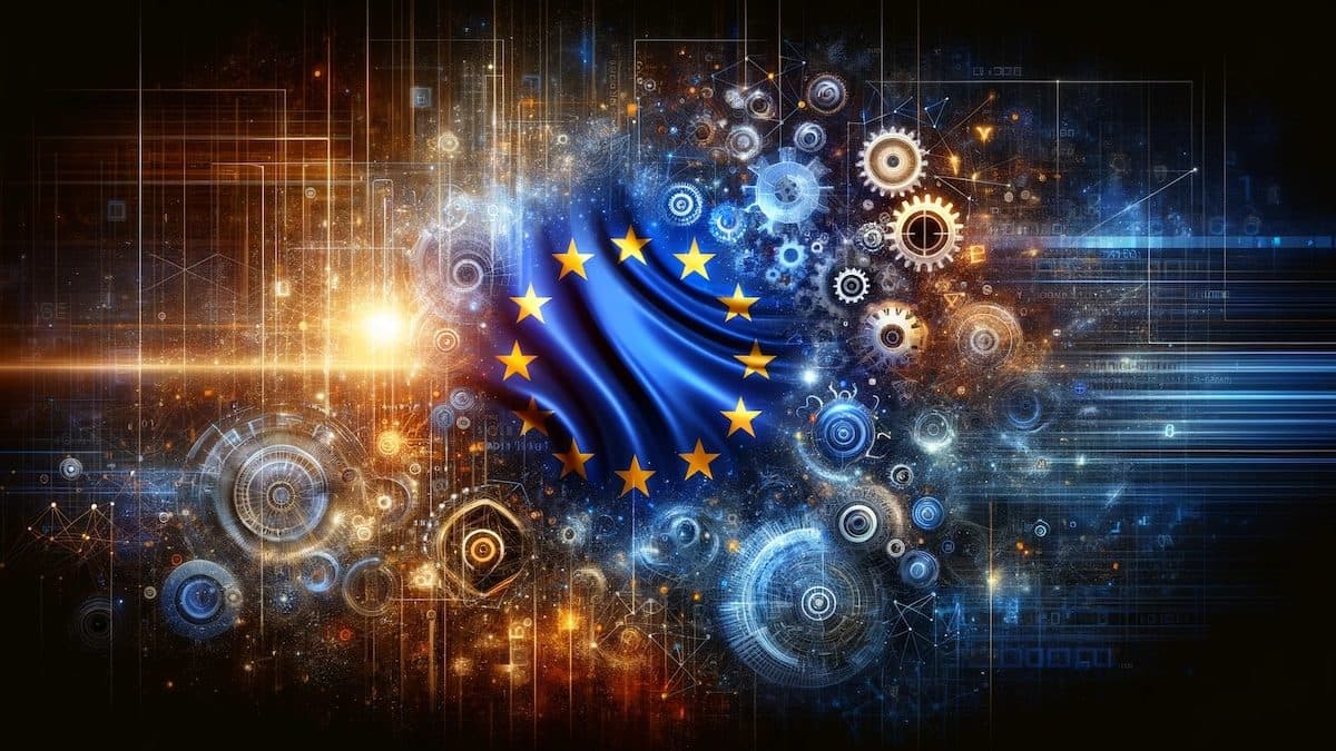 Un’illustrazione del cerchio di stelle dell’Unione europea sopra ingranaggi e circuiti