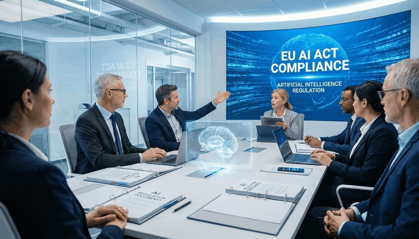 Une illustration d’officiels autour d’une table de réunion face à un écran affichant EU AI ACT COMPLIANCE