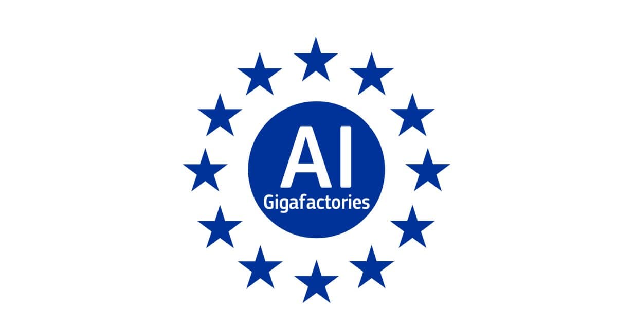 L’emblème « AI Gigafactories » de l’UE, un anneau d’étoiles européennes autour du nom du programme.