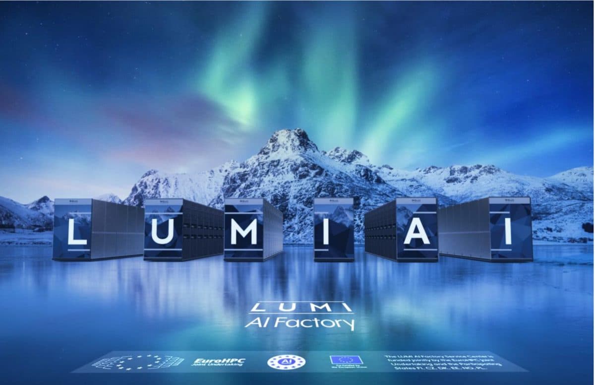 Gráfico promocional com a leitura LUMI AI Factory, com gabinetes de servidores diante de uma montanha nevado e uma aurora