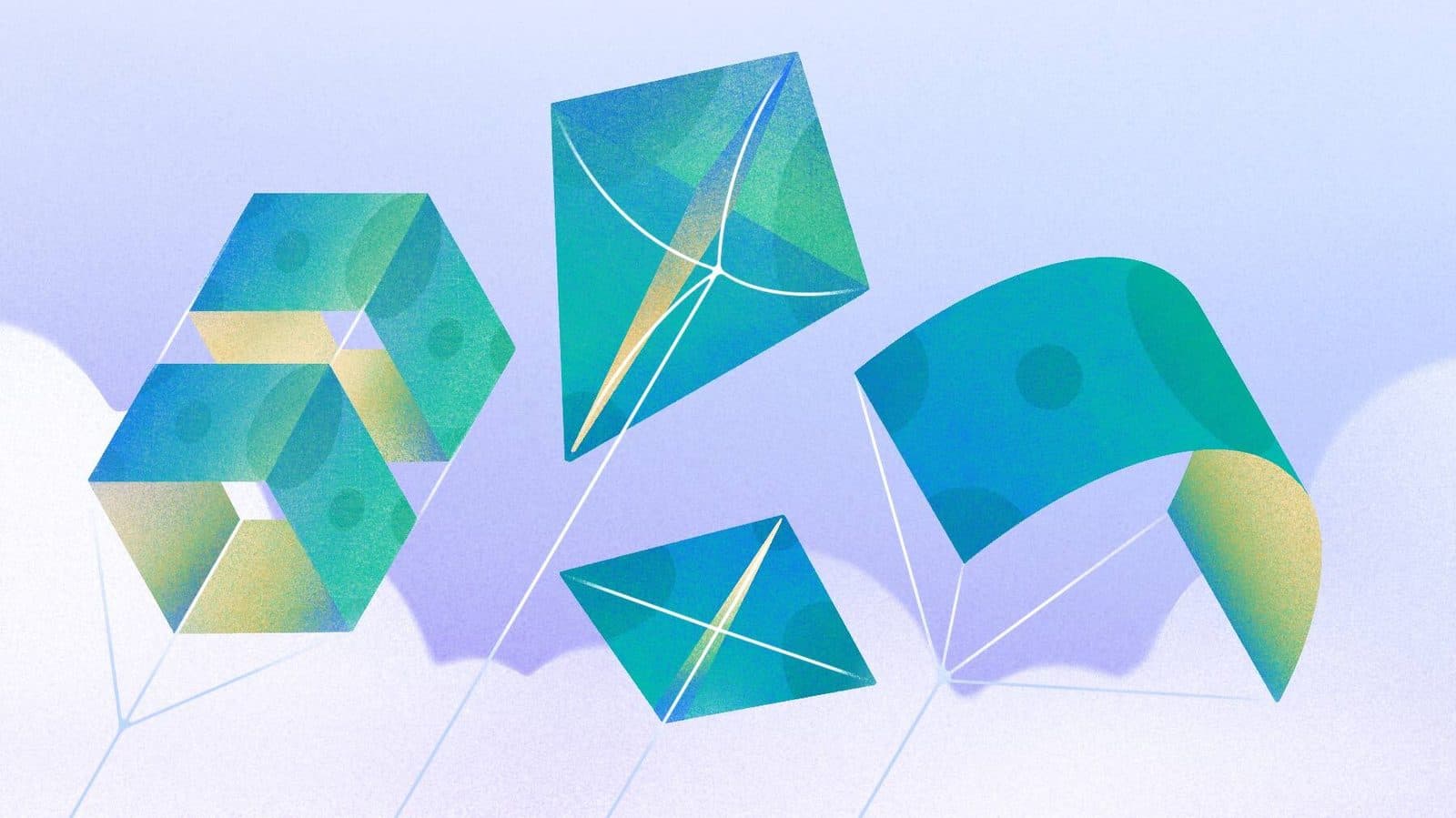 Una ilustración abstracta de varias cometas angulares en verde, azul y amarillo flotando sobre un fondo claro.