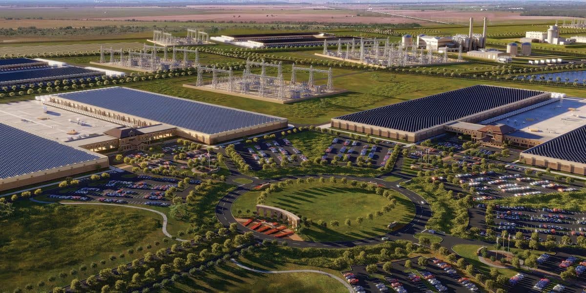 Architectural render of Fermi's Project Matador campus: long low data-centre halls, solar arrays and generation plant laid out across flat Texas Panhandle land.