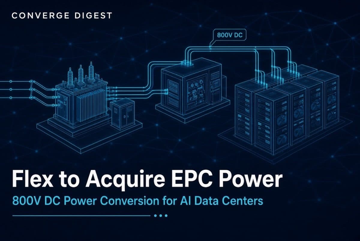 رسم توضيحي من Converge Digest بعنوان 'Flex to Acquire EPC Power — 800V DC Power Conversion for AI Data Centers'، يُظهر خزانات تحويل طاقة تخطيطية